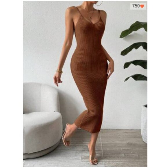 Ribbed knit light-weight sweater dress midi fitted black - Picture 2 of 6